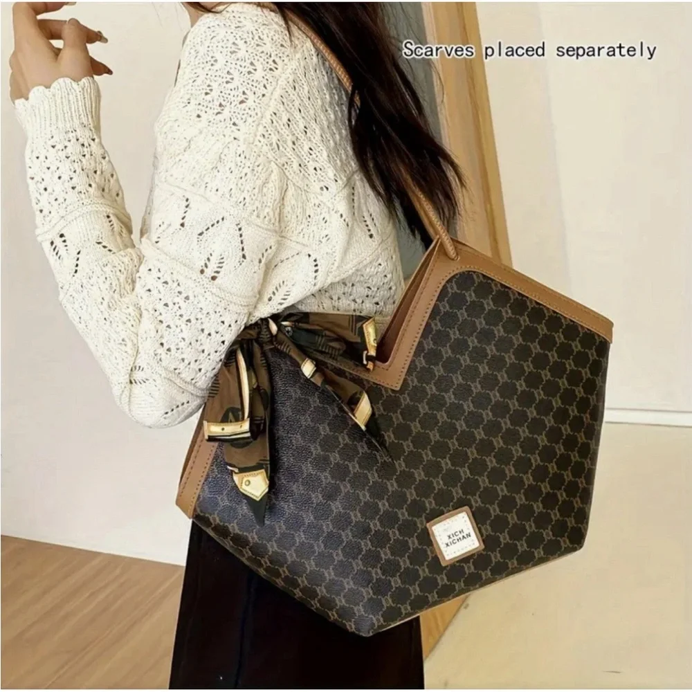 Classic Geometric Pattern Tote Purse Bag Trendy Shoulder Bag Brown Scarf Decor - Picture 4 of 9